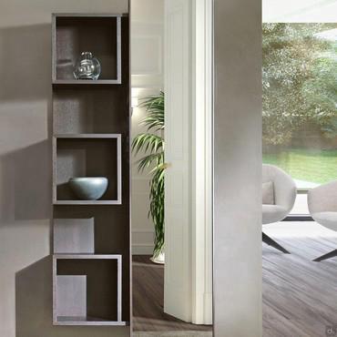 Back hallway storage unit with sliding mirror