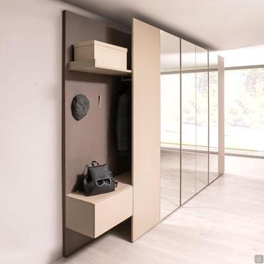 Wardrobe unit with coat rack and Wide 01 shelves; hanging drawer, open compartment all with reduced depth