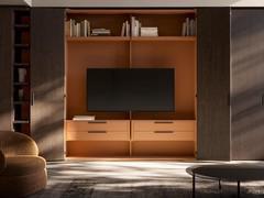 Reduced depth wardrobe with folding doors Driver Wide . External structure in Fashion Wood Coal Oak and interior in skin effect matt lacquered Coccio Modules equipped with optional TV stand 