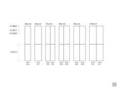 Diagrams of available widths for Level Wide wardrobe modules. The bottom compartment is always 127.7 cm