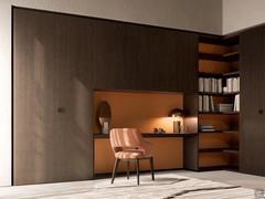 Wide bridge wardrobe with a depth of 61.2 cm suspended between a Focus Wide hinged module and an open corner element: home office with cupboards and shelves in charcoal Fashioh oak and matt lacquered coccio back panels