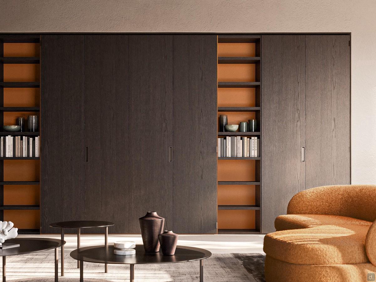 Example of wardrobe composition with built-in Wide bookcase - finish fashion oak wood with contrasting coccio matt lacquered back panel