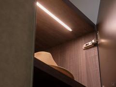 View of the internal sections in dark elm melamine. One also notices the integrated LED light - client photo