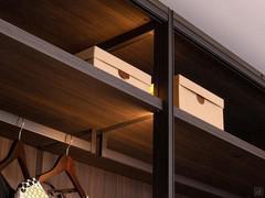 The shelf included in the standard equipment of the Zenit Lounge wardrobe provides an upper compartment for boxes or hats, but can be freely positioned