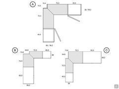 A) hinged corner with depth 38 or 59.2 cm B) corner with depth change 59.2 cm left C) corner with depth change 59.2 cm right