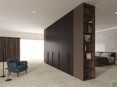 Terminal lounge with open compartments, ideal for closets placed in the middle of the room 