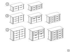 Double drawer models: A) 4 drawers with plain or smoked glass fronts - B) 6 drawers with plain fronts, No. 2 or No. 6 in smoked glass C) 8 drawers with plain fronts, No. 4 or No. 8 in smoked glass