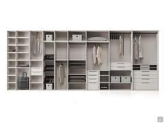 Summary image of available interior equipment. Additional shelves made of wood and equipped with shoe racks, coat hanger tube and pull-out servant, pull-out trays, shirt raster, partition with shelves and drawers