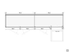 Diagram of a blind Wide end piece inserted between two hinged modules, for corner composition. The 5.8 cm spacer between the end piece and the bottom hinged module should also be taken into account.