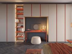 Wide bridge wardrobe with Midley hinged doors: the doors and bookcase compartment are in jute matt lacquer, the grooves and shelves in amphora matt lacquer and the undercounter back in fossil oak fashion wood