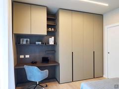 Midley Wide hinged wardrobe with partial mud matt lacquered nailing on jute melamine doors. Wardrobe complete with study area with desk, wall unit and back panel with Wide shelves - customer photo