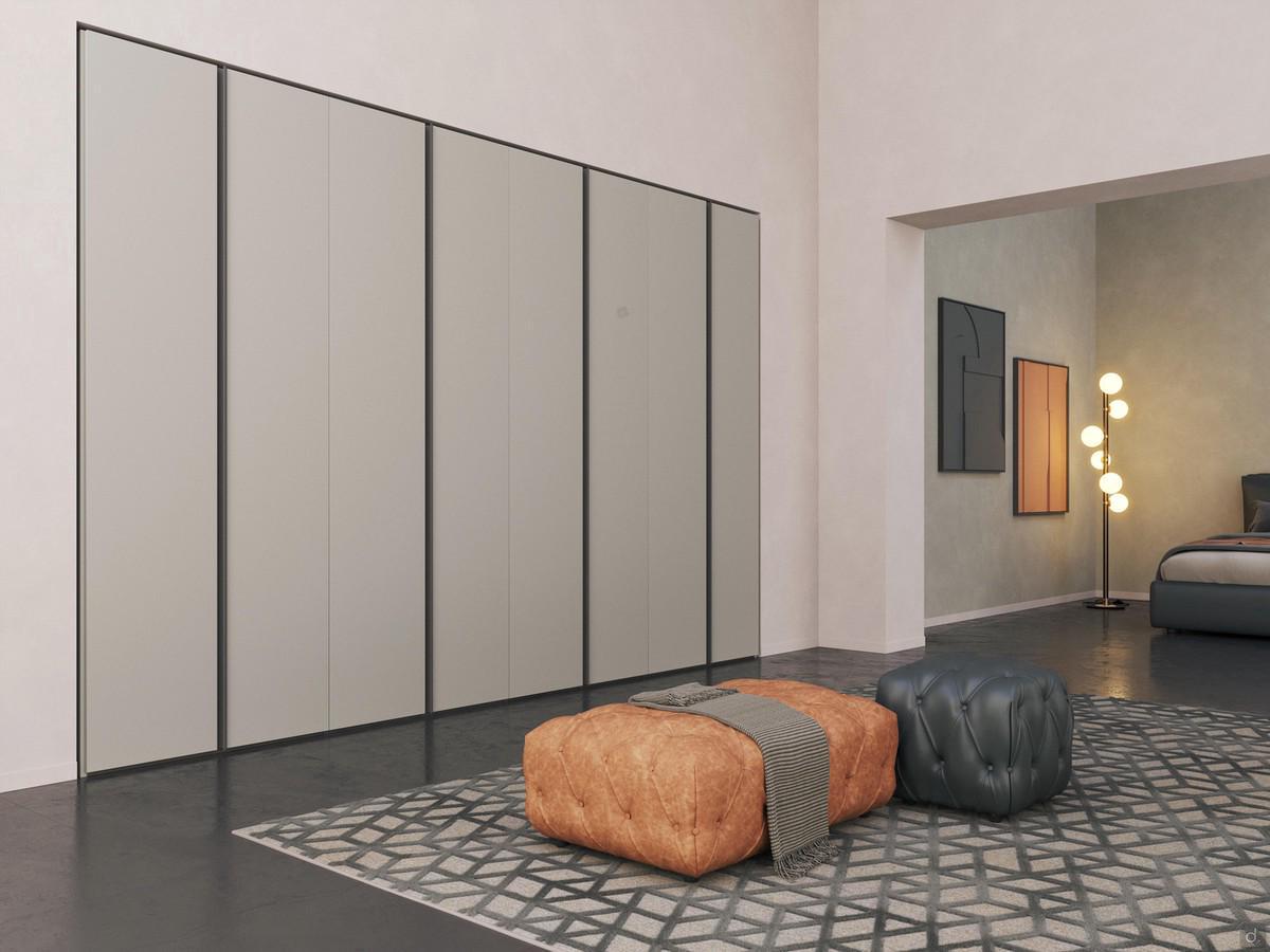 Lake Wide full-height metal groove wardrobe in a composition with 8 matt lacquered hinged doors