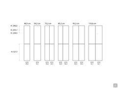 Diagrams of available widths for Level Wide wardrobe modules. The bottom compartment is always 127.7 cm