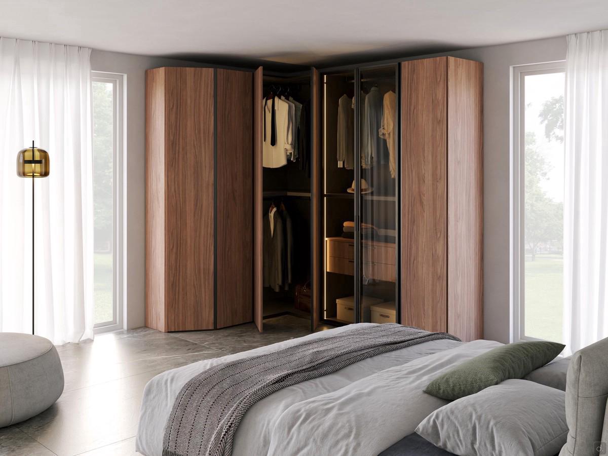 Wide modern corner wardrobe in NNN natural walnut veneer