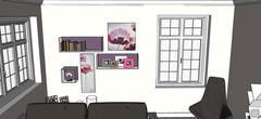 3D Living Room Design Project - view of the shelves and paintings composition