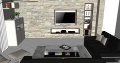  3D Living room/living room design - stone wall view