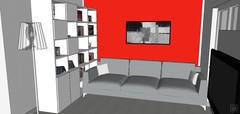 3D Living room/living room design - bookcase and sofa area view