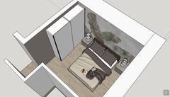 3D master bedroom design with bed, bedside tables and sliding door closet