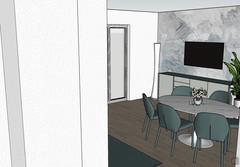 Render dining area with table, chairs and TV sideboard.