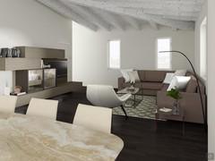 Furniture design for attic living room with exposed beams - render