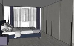 Design project of a bedroom with king size bed - bed and wardrobe view