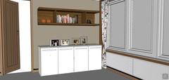 Living/Sitting room 3D design - detail of the low bookcase and shelves