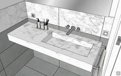 Bathroom design project with big shelf and wall-mounted columns - detail of the built-in basin