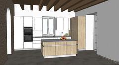 Corner kitchen project with island, oak and white finish - full view with center island