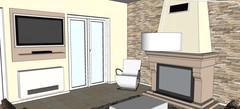 Living Room 3D design - view of the resting area - detail of the TV stand and rocking armchair