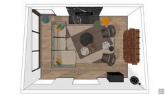 Top view of the living room project with upholstered furniture, side tables, ottoman, sideboard, and bookcase.