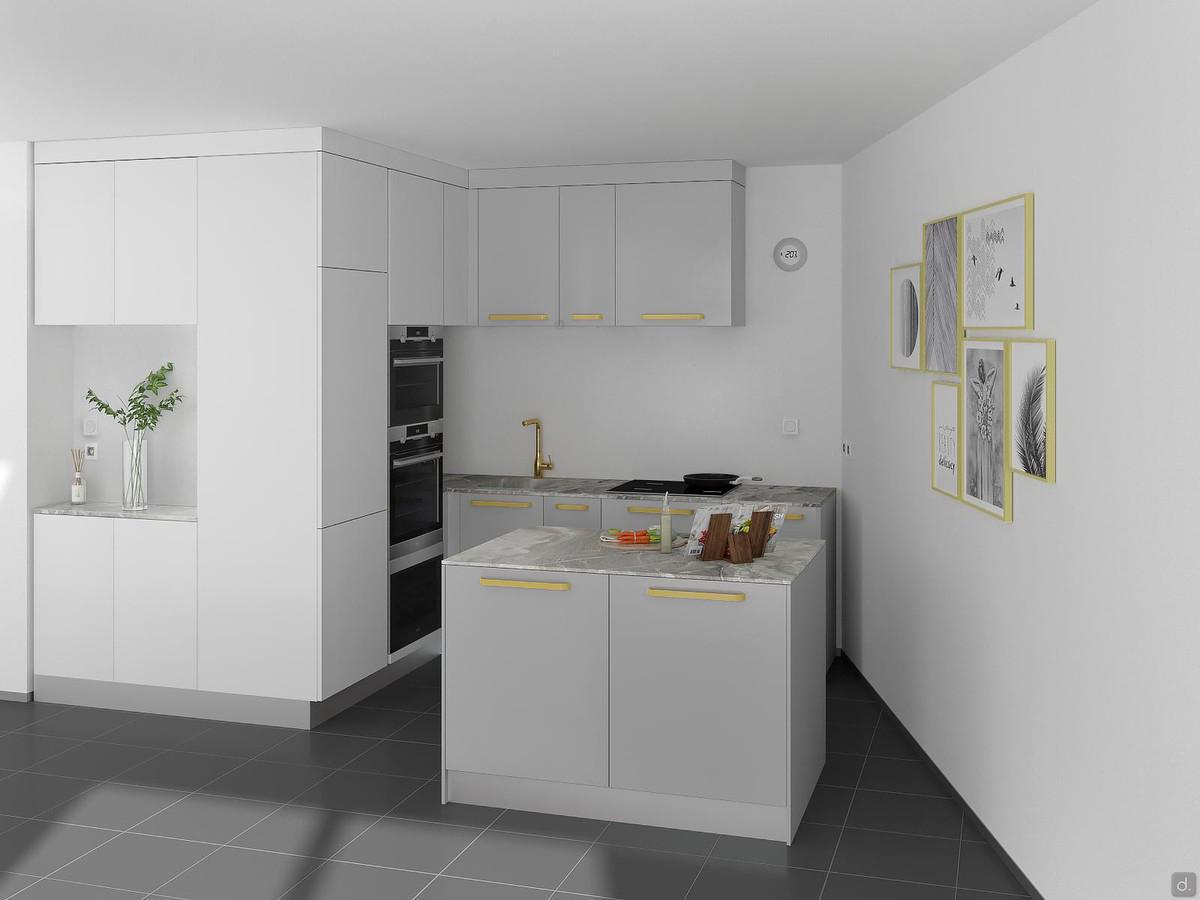 Project to furnish small corner kitchen with island - render