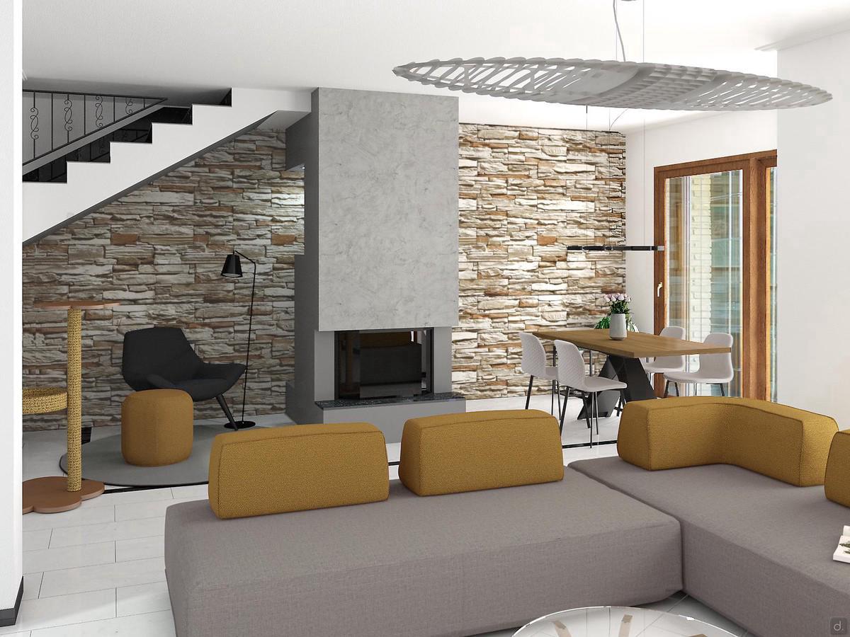 Project for 50 sqm living room with open kitchen and fireplace - render living room