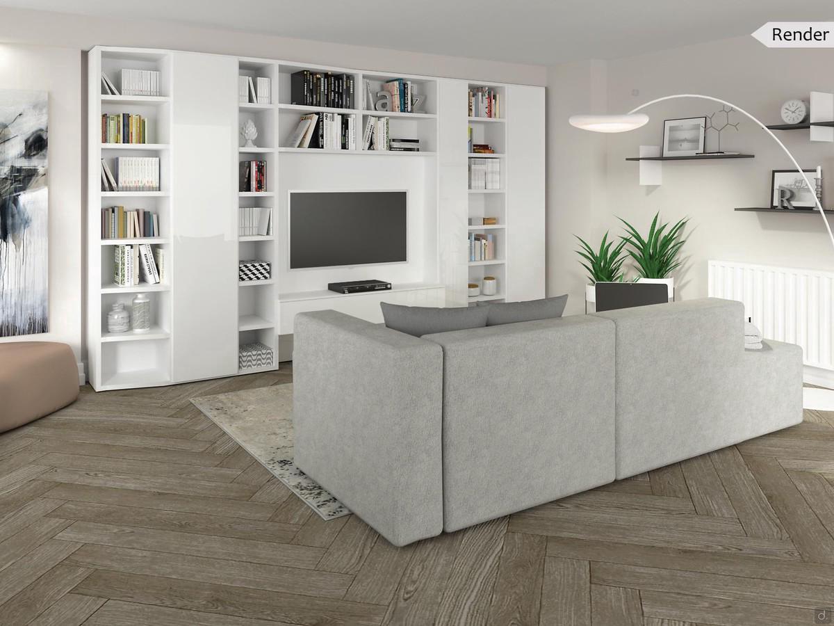 Living room furniture with bookcase and wall unit equipped with variable depth shelves - render