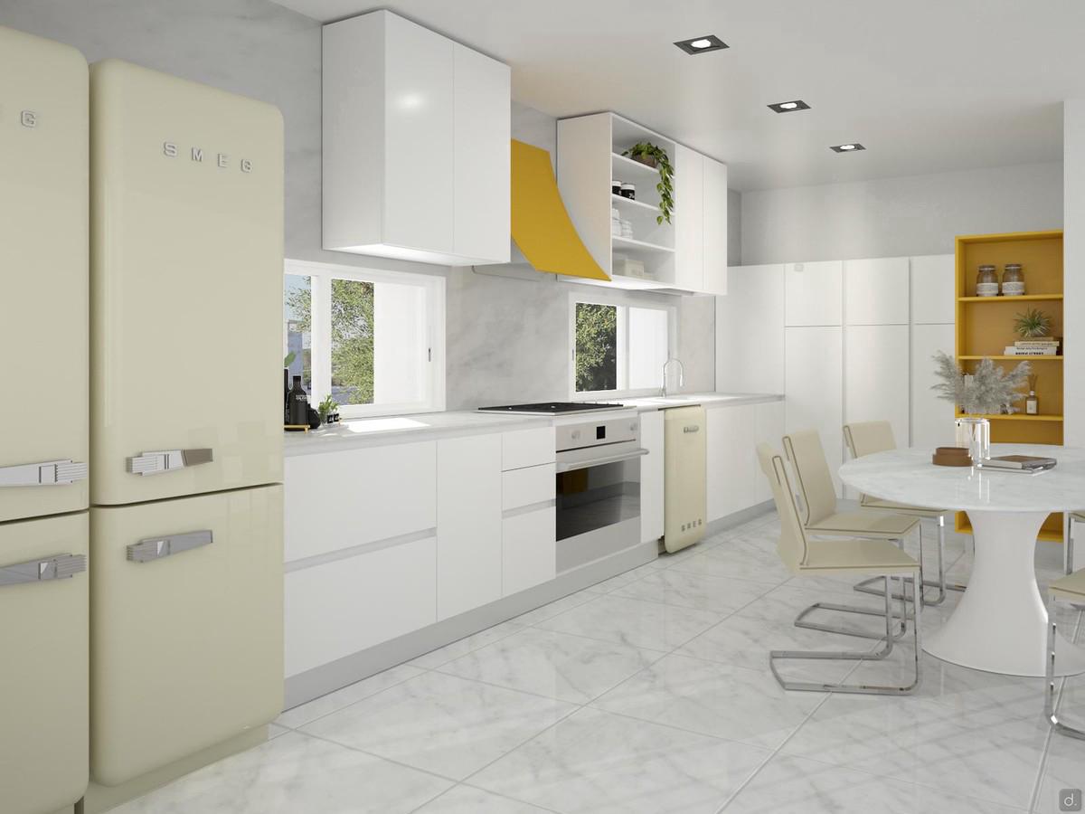 Project for narrow and long kitchen of 19 sqm - render