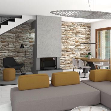 Project for 50 sqm living room with open kitchen and fireplace - render living room