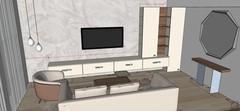 3D rendering of living room area with wall unit, sofa, entrance console.