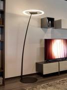 Antigua floor lamp with curved stem and circular flat diffuser in sand-blasted glass with integrated LED