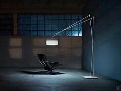 Effimera floor lamp with an adjustable arm and white fabric lamp shade