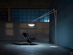 Floor lamp with an adjustable arm Effimera, white version with a visible methacrylate diffuser and no lamp shade