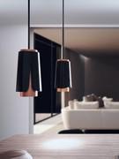 Kitchen peninsula pendant lamp Tulipa with matte black flower-shaped dfffuser and electroplated copper