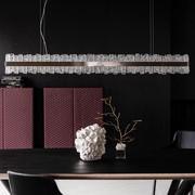 Phoenix suspended rectangular glass lamp by Cattelan. Structure in satin nickel that makes a frame around a block of glass parallelepipeds that look like ice