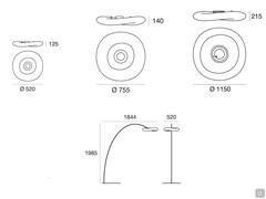 Mr. Magoo designer lamp - Diagrams and measurements of the ceiling-mounted and floor-standing models