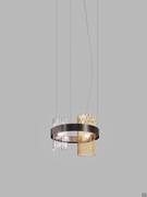 4-light pendant Armonia in crystal and amber glass with black nickel and satin copper frame