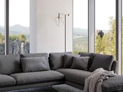 Designer LED floor lamp Bardot by Bonaldo paired with Lars sofa, also by Bonaldo