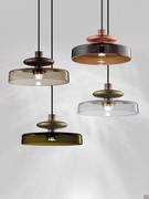 Suspension Tread in smooth antique green, smoked, burnt earth and crystal glass, gold, bronze and copper metal frame