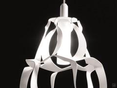 Pinha modern pendant lamp, detail of the halogen light bulb and white metal lampshade