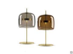 Pair of table lamps Jube in smoked and burnt earth glass with satin gold frame