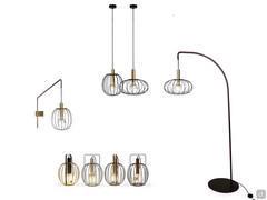 Eira metal cage lamp with diffuser, available as a table lamp, pendant lamp in two sizes, wall lamp and floor lamp.