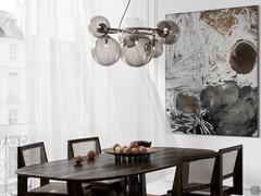 7-point pendant lamp with smoked crystal spheres and satin black nickel metal frame