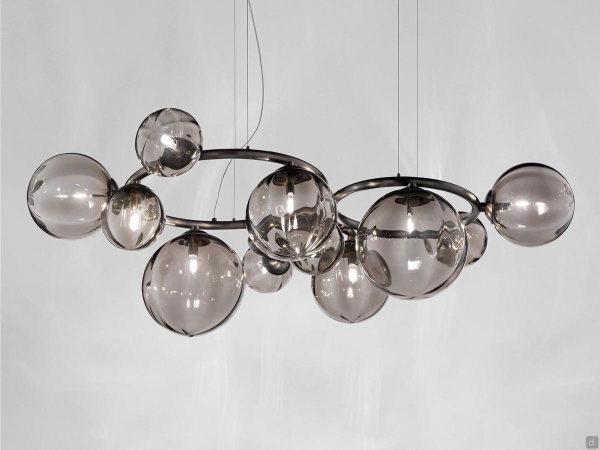 11-point pendant lamp with smoked crystal spheres and satin black nickel metal frame